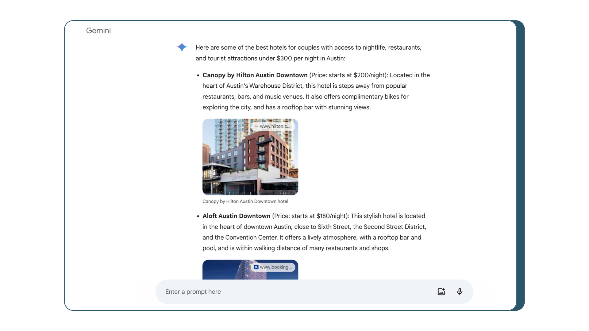 A screenshot of Gemini's response to a longtail query about hotels in Austin.