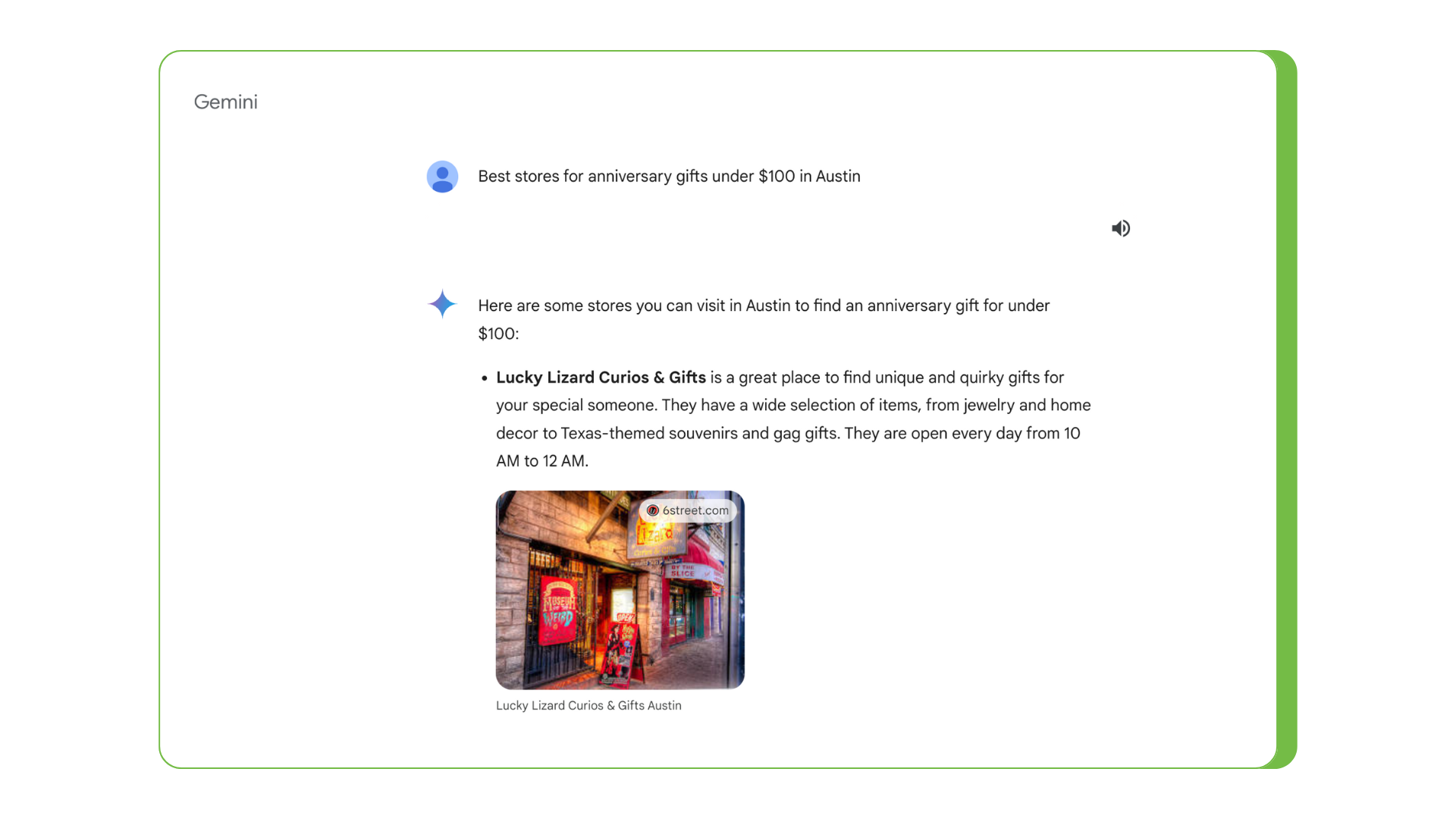 A screenshot of a Gemini result for the query "best stores for anniversary gifts under $100 in Austin."