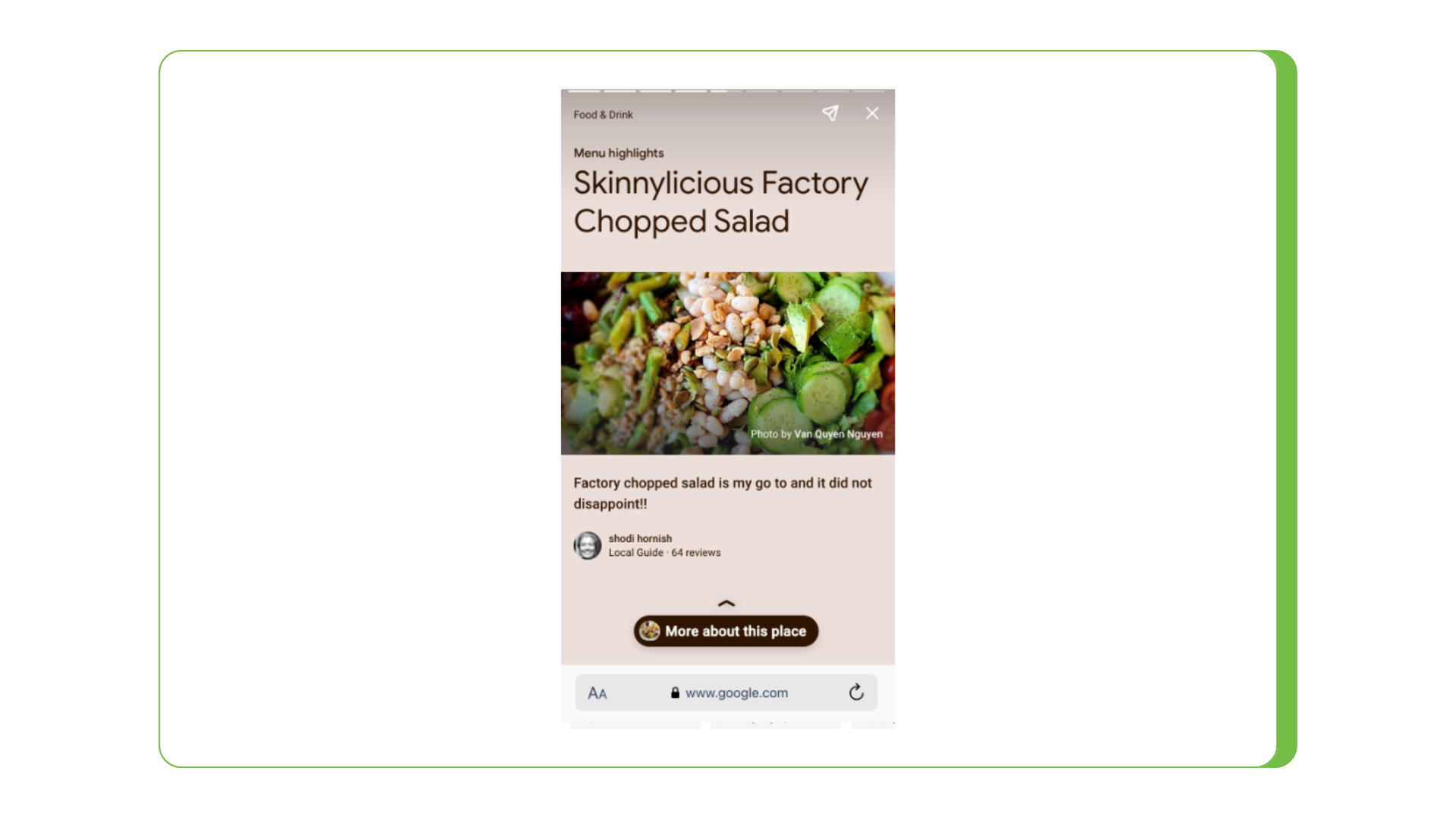 Screenshot of a salad recipe featured in a Google Business Profile as a reel or carousel-type image