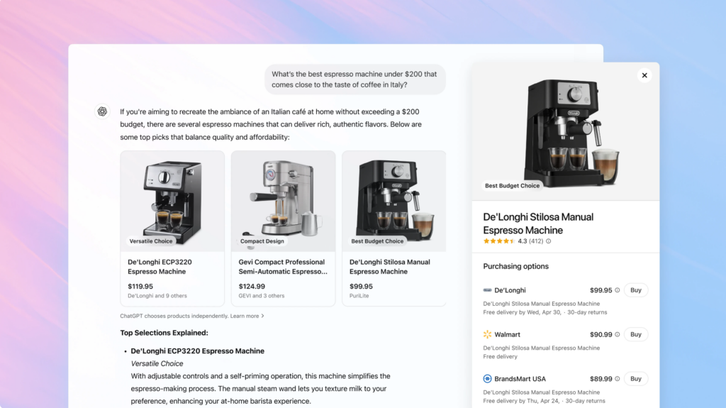 ChatGPT interface comparing several espresso machines.
